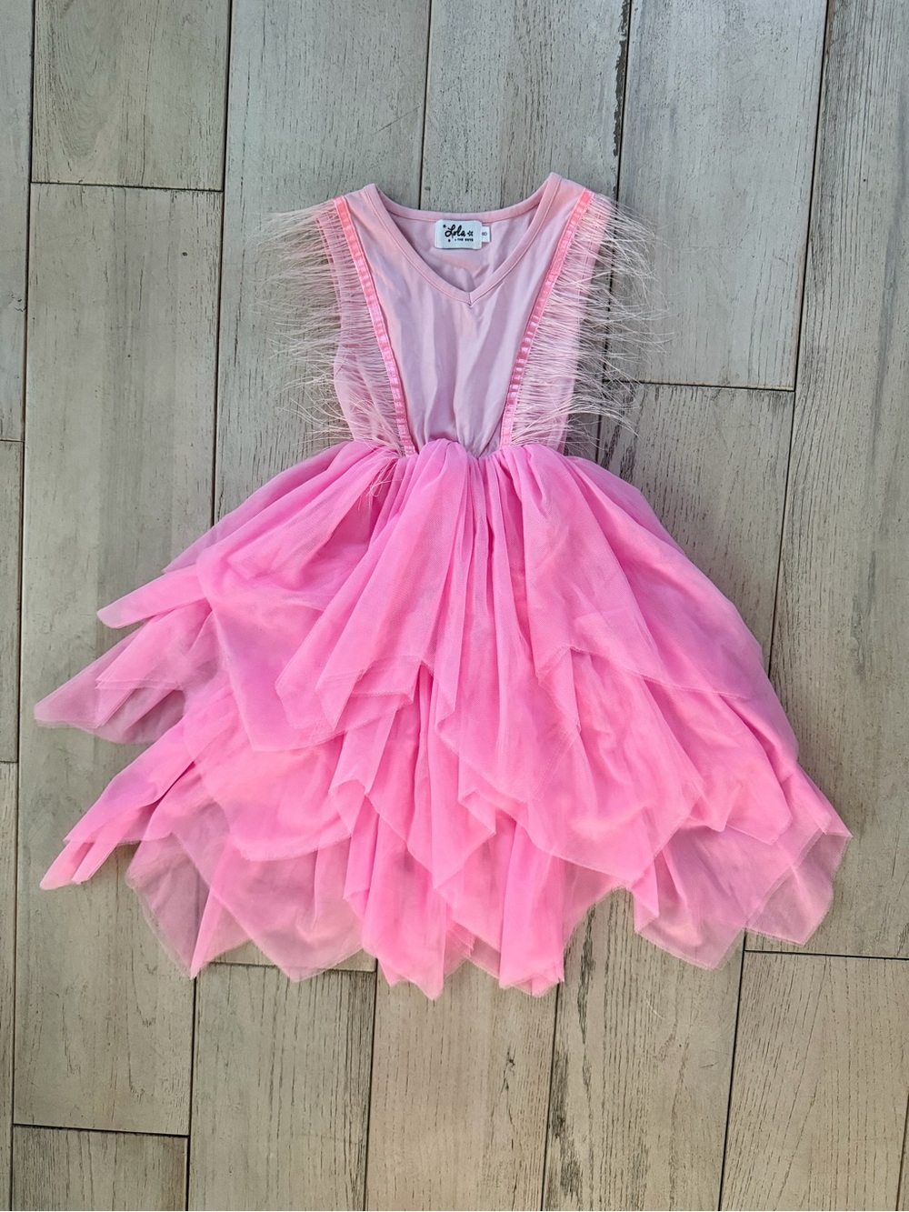Lola + The Boys Pink Layered Tulle Costume Dress with Feather Trim